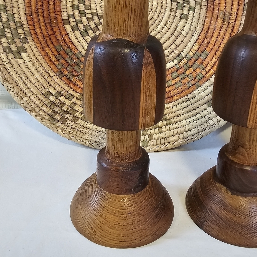Vintage Wooden Two Toned Large Candlestick Holders Set Of Two - Picture 3 of 6
